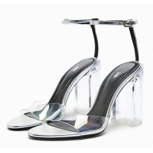 Zara Clear Vinyl Heels 10 40 Sandals Glam Cocktail Party Ankle Strap - Picture 1 of 7